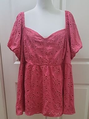 Torrid Pink Babydoll Eyelet Challis Blouse Size 4 (4X) Flowy Peplum Boho Top